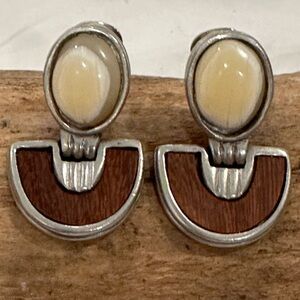 Wood Silver Tone White Moonstone Clip-On Earrings Signed